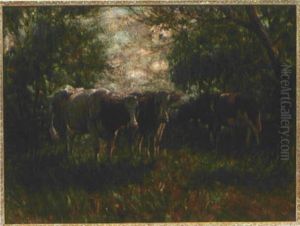 Drei Kuhe Am Gatter by August Kaufhold