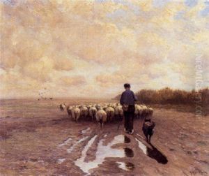 Schafer Mit Seiner Herde In Weiter Landschaft by August Kaufhold