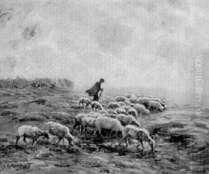 Schafer Mit Seiner Herde by August Kaufhold