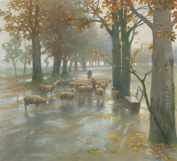 Flock Of Sheep With Shepherdess On A Rainy Day - view 1