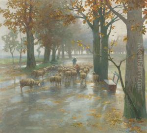 Flock Of Sheep With Shepherdess On A Rainy Day