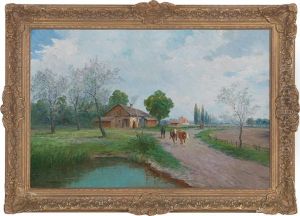 Ein Fruhlingstag Am Lande, Landschaft Mit Bauernhaus Am Teich, Figural Staffiert