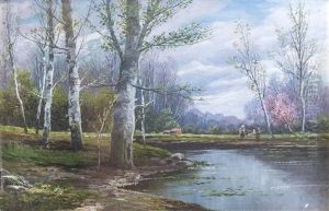Reisigsammler In Aulandschaft Mit Birken by Adolf Kaufmann