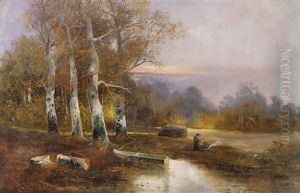 Herbstliche Waldlandschaft Mit Zwei Frauen Am Offenen Feuer