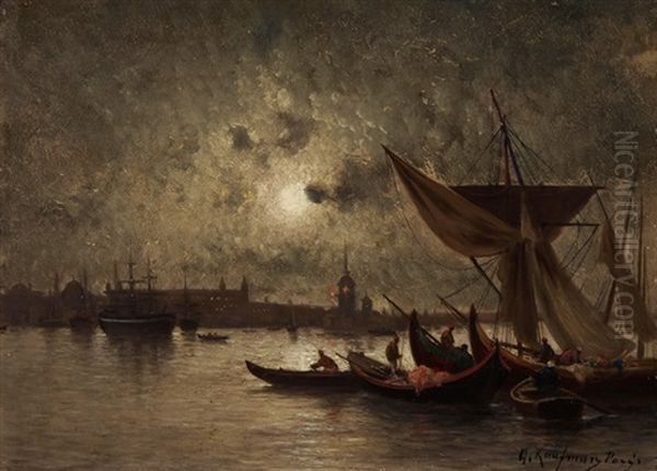 Fischerboote Im Mondschein Vor Einer Orientalischen Stadt - view 1