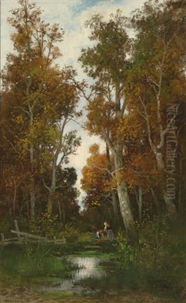 Autumn Woodland With Woman Gathering Brushwood - view 1