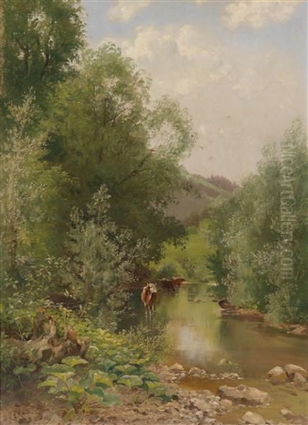 Sommerliche Flusslandschaft Mit Kuhen - view 1