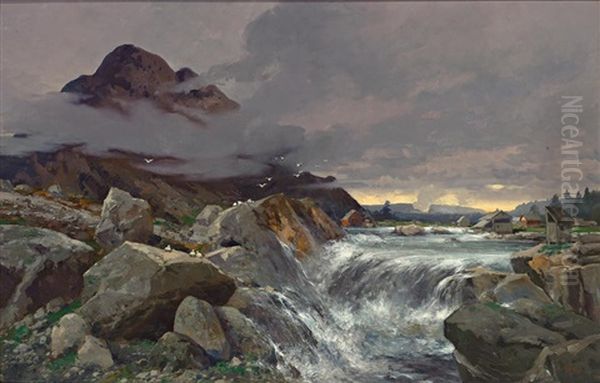 Norwegische Landschaft Mit Wasserfall Und Fischerdorf - view 1