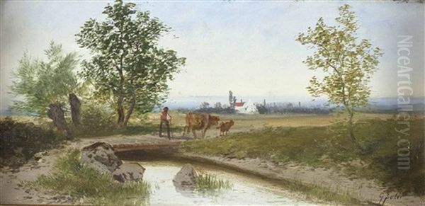 Bauer Mit Kuh Und Kalb In Landschaft - view 1