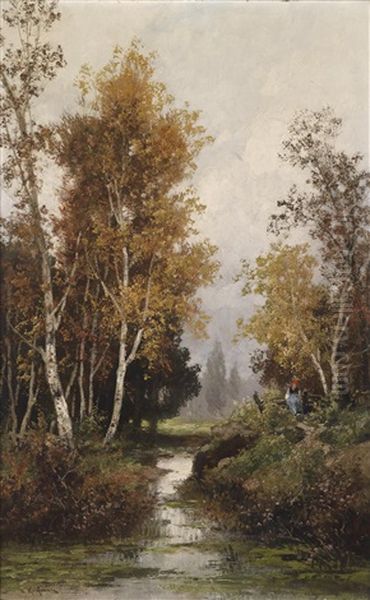 Herbstliche Stimmung Uber Einer Bachlandschaft Mit Figurlicher Staffage - view 1