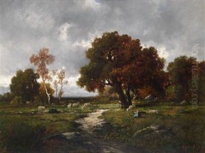 Aufziehendes Gewitter Uber Einer Landschaft Mit Schafherde Und Hirtin by Adolf Kaufmann