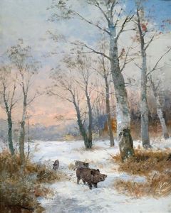 Wildschweine Im Winterwald by Adolf Kaufmann