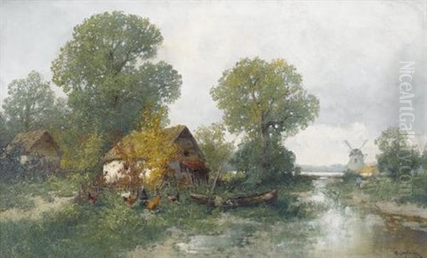 Flusspartie Mit Huhnern, Bauernhausern Und Windmuhle - view 1