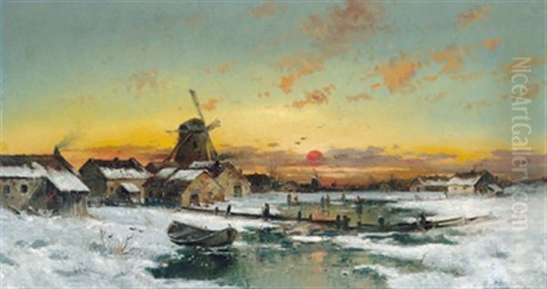 Sonnenuntergang Uber Winterlicher Dorflandschaft - view 1