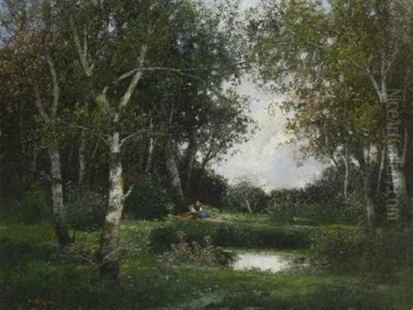 Rastende Reisigsammlerin Am Teich In Baumlandschaft - view 1