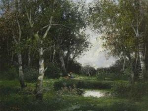 Rastende Reisigsammlerin Am Teich In Baumlandschaft