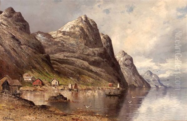 Fjordlandschaft Mit Holzhausern Und Fischerbooten - view 1