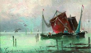 Segelboote Im Abendlicht (+ Segelboote Auf Offener See; Pair) by Adolf Kaufmann