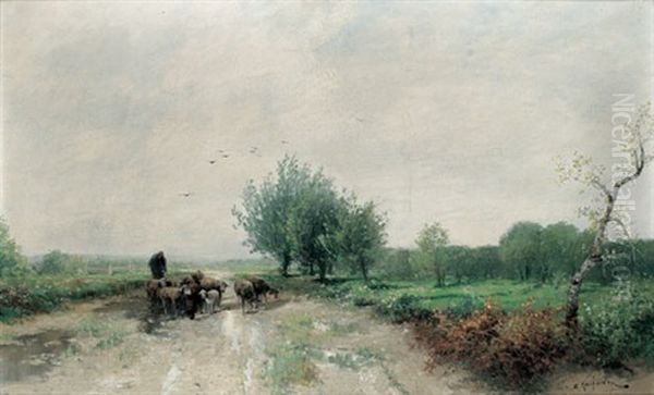Schafer Mit Seiner Herde Am Heimweg - view 1
