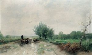 Schafer Mit Seiner Herde Am Heimweg by Adolf Kaufmann