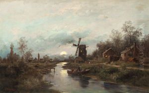 Aufgehender Mond Uber Einer Hollandischen Landschaft by Adolf Kaufmann