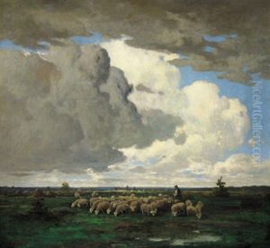 Schafherde Mit Hirte In Weiter Landschaft