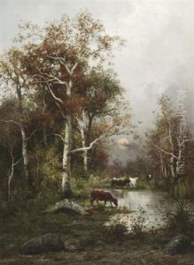 Kuhe Vor Untergehender Sonne Am Waldsee by Adolf Kaufmann