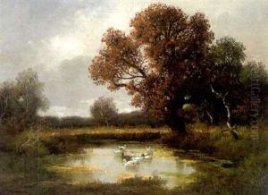 Herbstliche Waldlichtung Mit Ententeich by Adolf Kaufmann