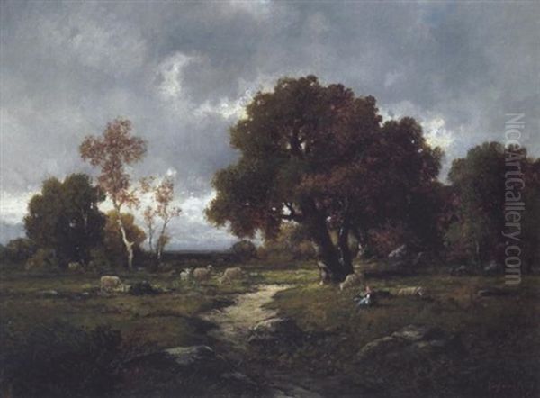 Schafherde Und Hirtin In Den Waldern Von Barbizon - view 1