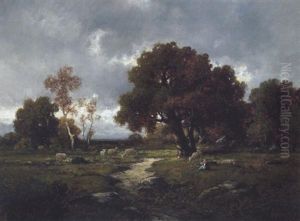 Schafherde Und Hirtin In Den Waldern Von Barbizon by Adolf Kaufmann
