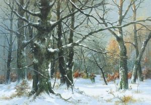 Reisigsammlerin In Verschneitem Wald by Adolf Kaufmann
