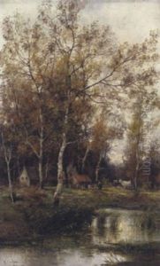 Herbstliche Aulandschaft Mit Weidenden Kuhen Herbstliche Aulandschaft Mit Weidenden Kuhen