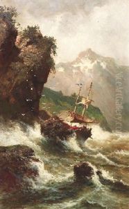 An Felsiger Kuste Gestrandetes Fischerboot by Adolf Kaufmann
