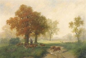 Hirte Mit Schafen In Herbstlicher Parklandschaft