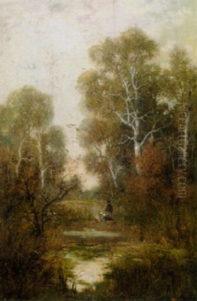 Herbstliche Waldlandschaft Mit Einem Bauernpaar Bei Einem Feuer Am Ufer Des Teiches - view 1