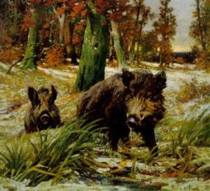 Wildschweine Im Winterwald by Adolf Kaufmann