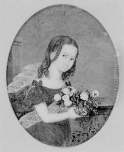 Bildnis Eines Madchens In Rotem Kleid, Das Einen Korb Mit Blumen Halt by Adolf Kaufmann