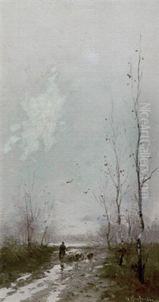 Schafer Mit Seiner Herde In Herbstlandschaft - view 1