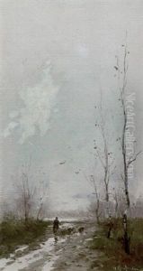 Schafer Mit Seiner Herde In Herbstlandschaft by Adolf Kaufmann