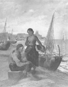Italienisches Fischermadchen Beim Vater Am Strand by Adolf Kaufmann