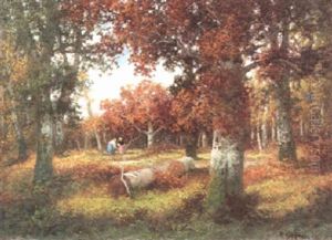 Herbstwald Mit Reisigsammlerinnen Herbstwald Mit Reisigsammlerinnen
