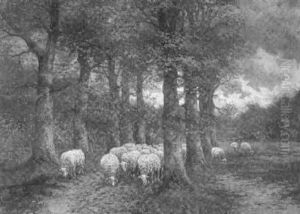 Schafherde Mit Hirten Im Herbstwald by Adolf Kaufmann