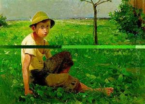 Sitzender Knabe In Einer Weiten Landschaft by Adolf Kaufmann