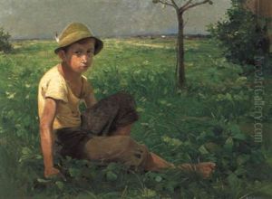 Sitzender Knabe In Einer Weiten Landschaft by Adolf Kaufmann