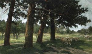Weidende Schafe Auf Schattiger Lichtung by Adolf Kaufmann