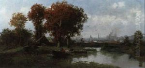 Fischer Am Ufer, Im Hintergrund Eine Grossstadt Fischer Am Ufer, Im Hintergrund Eine Grossstadt