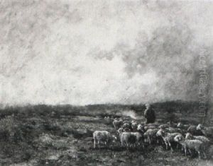 Schafherde Bei Aufziehendem Gewitter by Adolf Kaufmann