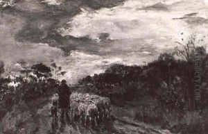 Schafer Mit Seiner Herde In Herbstlandschaft by Adolf Kaufmann
