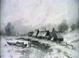 Winterlandschaft Mit Bauernhausern An Einem Teich