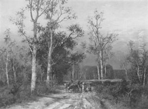 A Wooded Landscape With Peasants And An Ox-drawn-cart by Adolf Kaufmann